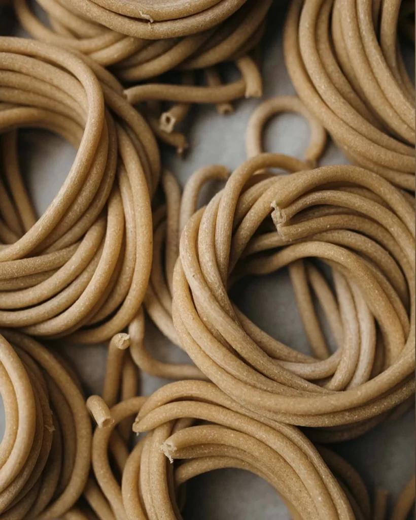 Close-up of twisted brown pasta noodles arranged in overlapping loops on a surface.