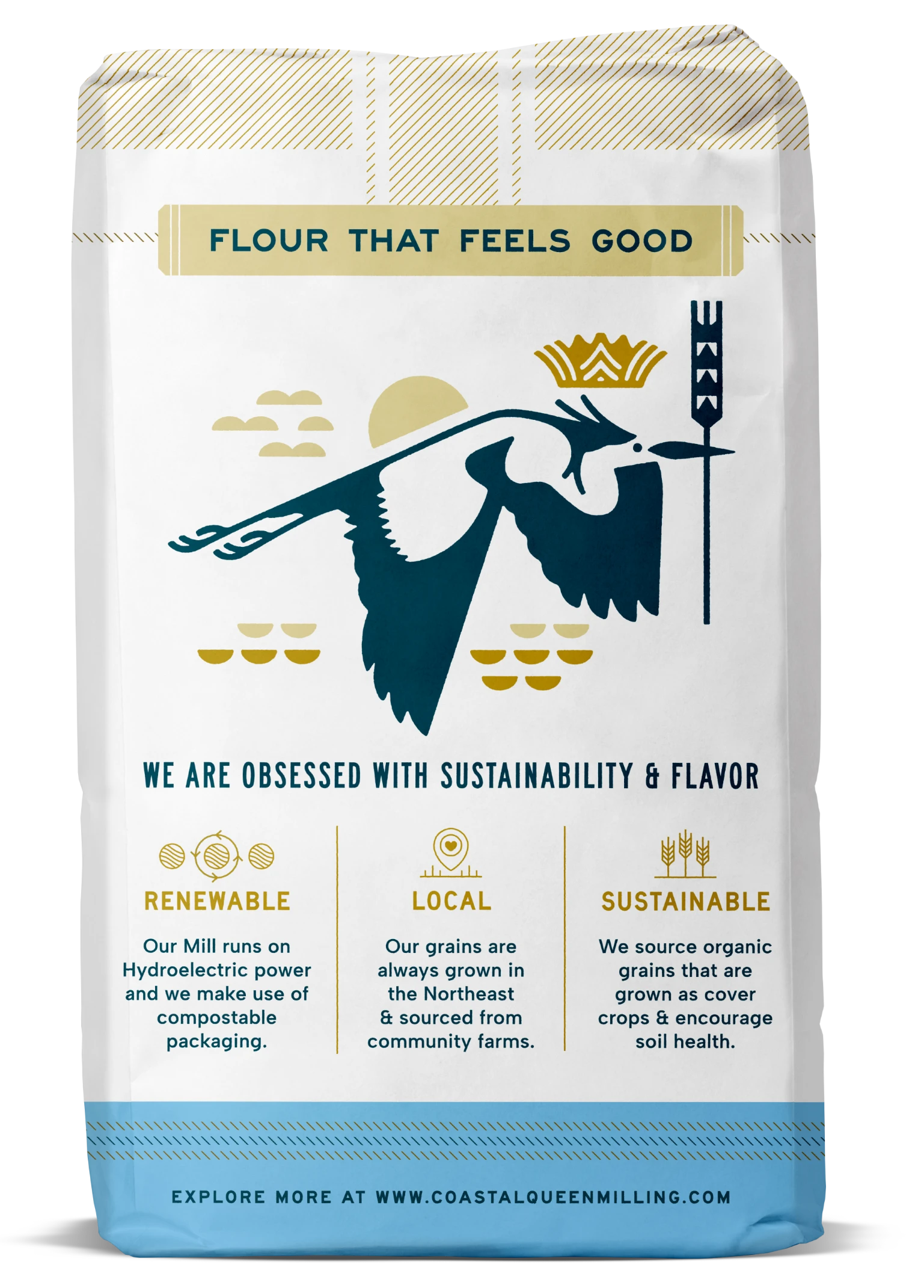 A flour bag highlighting sustainability, featuring an illustration of a bird and text on renewable, local, and sustainable practices.
