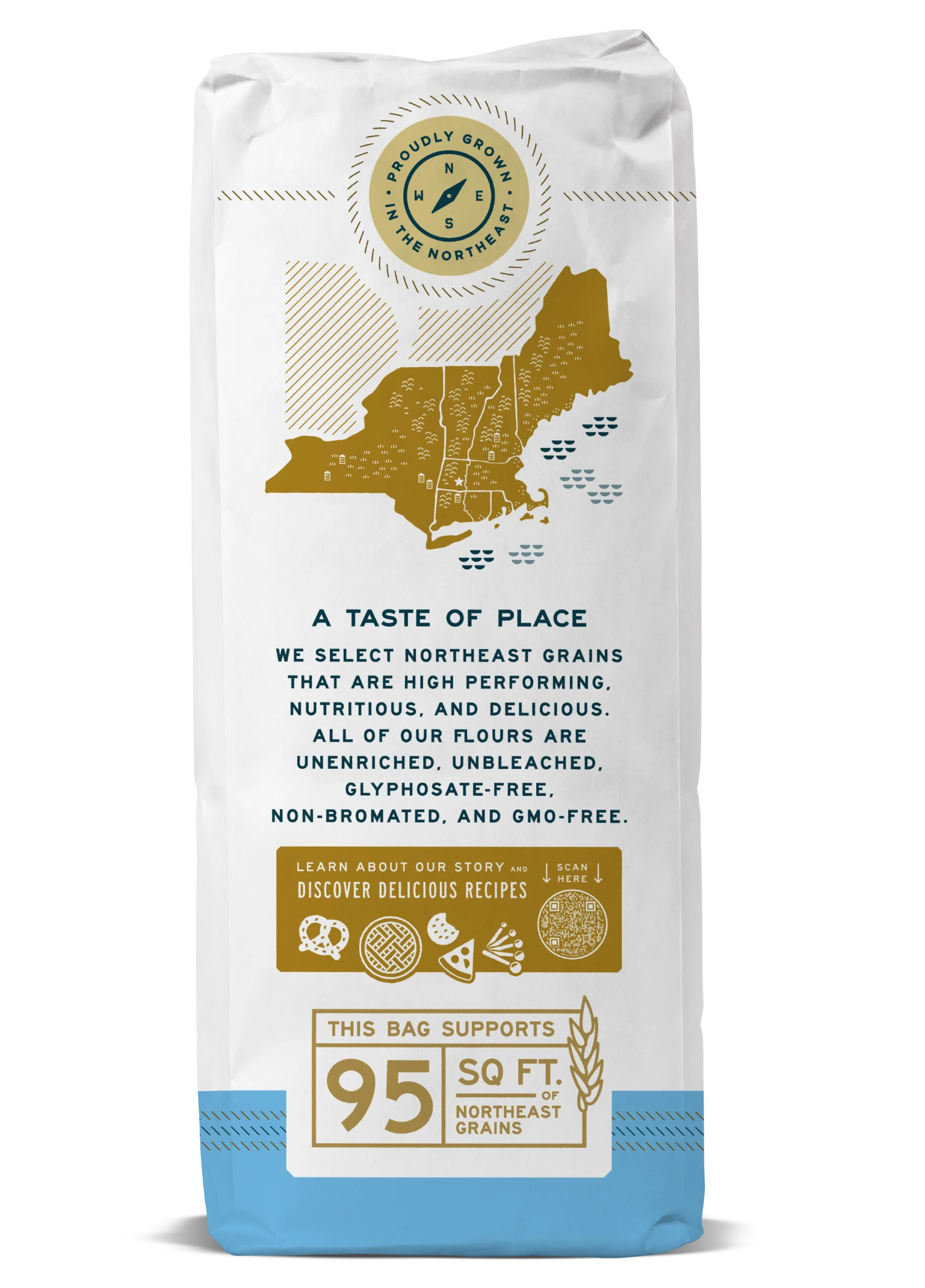 A bag of flour featuring a Northeast map, details on grain sourcing, and a note supporting 95 sq. ft. of grains.