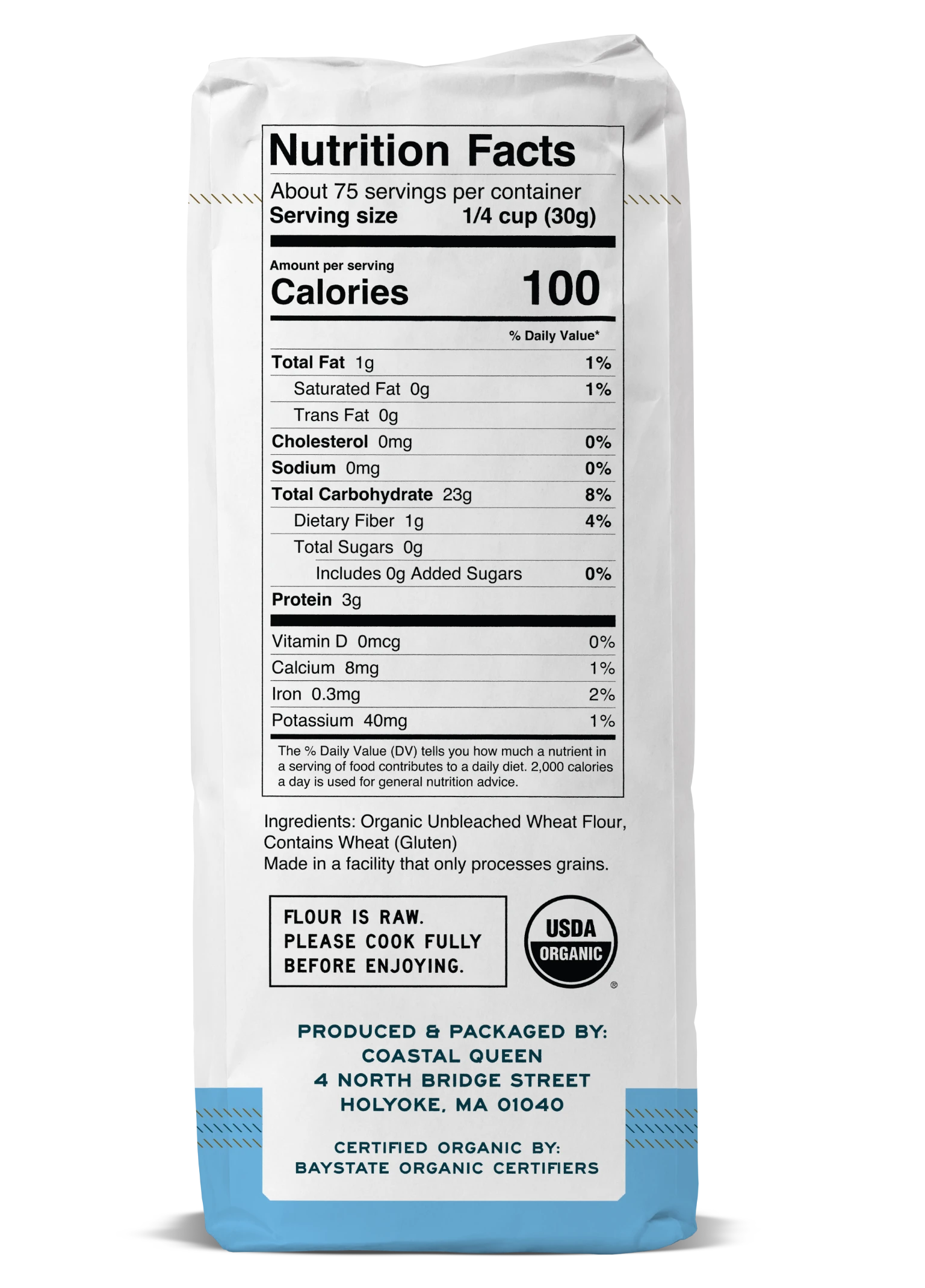 Nutrition facts label for organic unbleached wheat flour with details on calories, serving size, and nutrients.